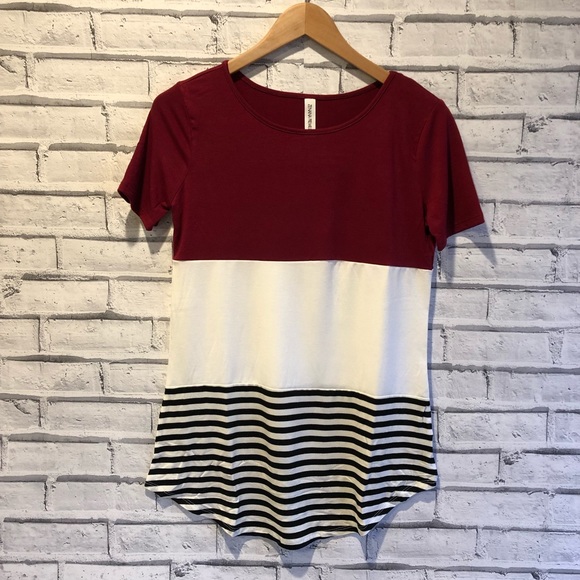 New Color Block Striped Tee Shirt Top Burgundy - Picture 2 of 4